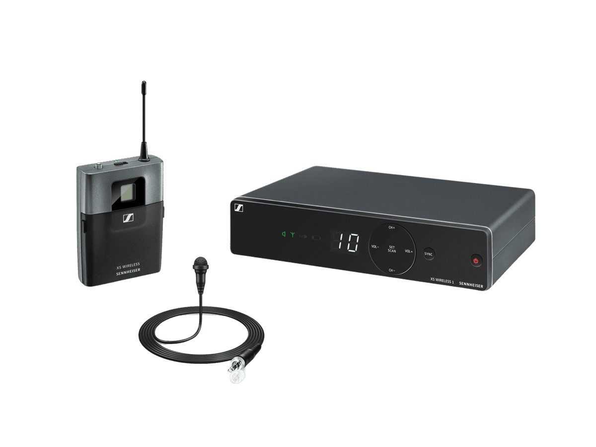 Sennheiser XS Wireless 1 lavalier set: receiver, bodypack transmitter and ME 2 clip-on microphone. Manufacturer set image.