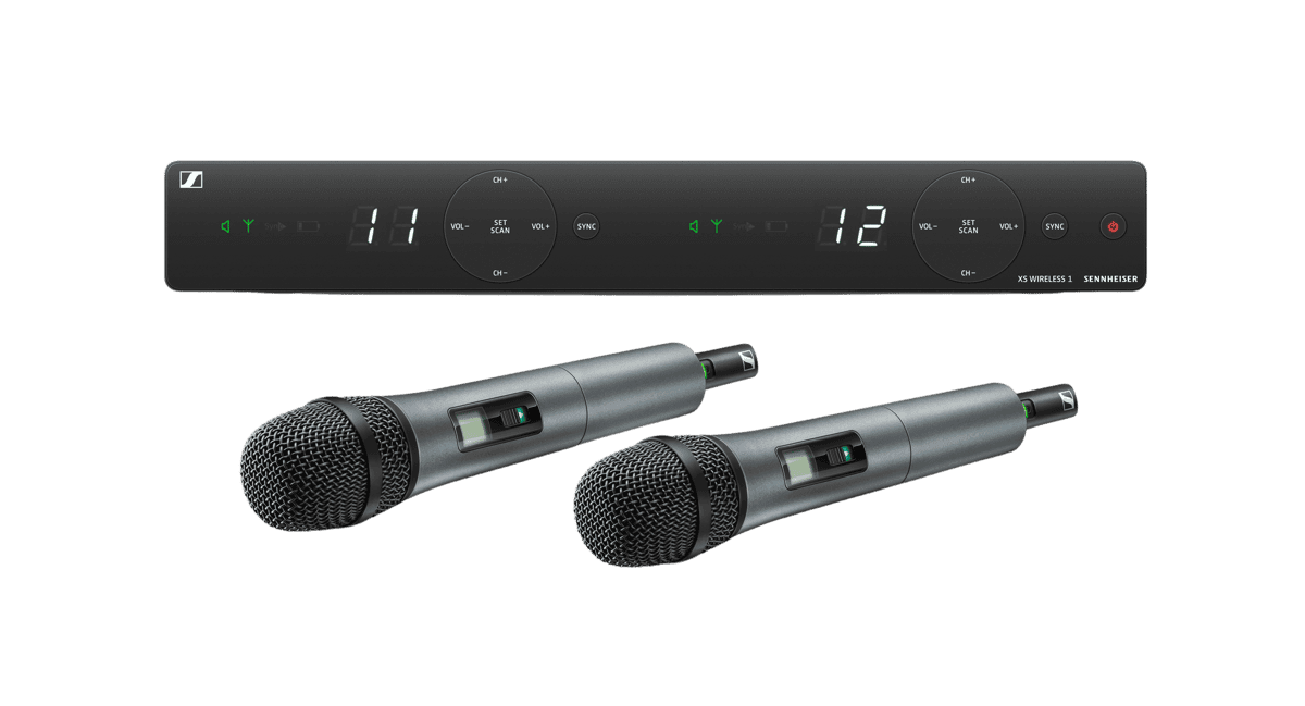 Sennheiser XS Wireless 1 Dual set: dual-channel receiver with two handheld transmitters. Manufacturer set image.
