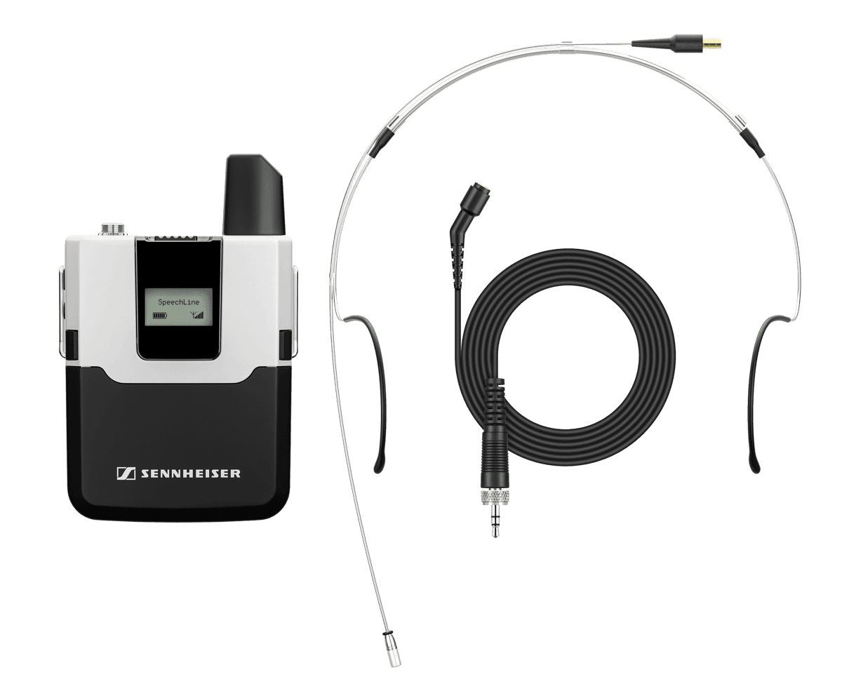 Sennheiser SL Bodypack DW transmitter with SL Headmic 1 headworn microphone. Manufacturer kit image.