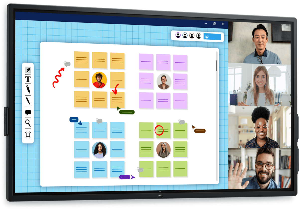 Dell Pro 75 Plus 4K Touch Monitor P7525QT, official Dell front-view product image with a whiteboard and video call shown on screen