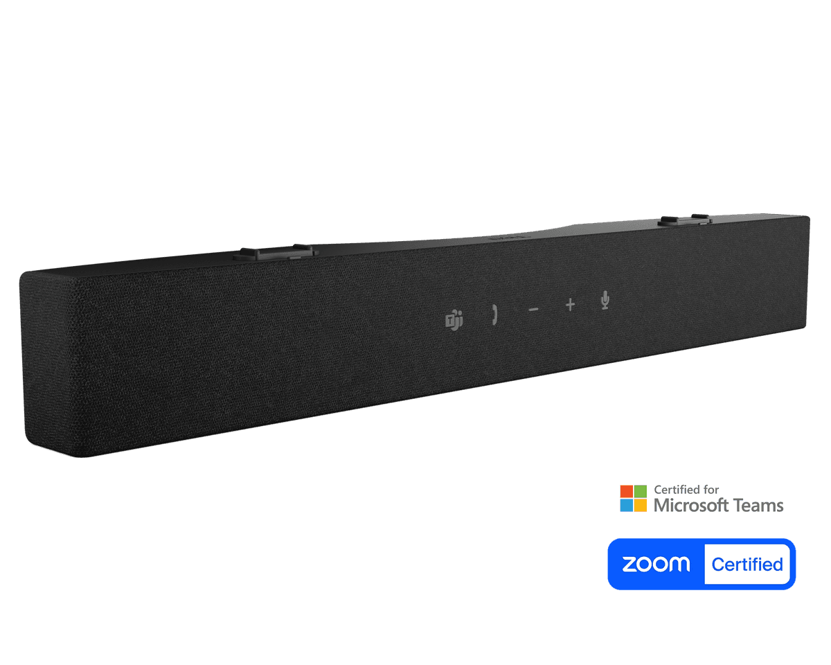 Dell Pro Premium Conferencing Soundbar SB725, official Dell product image of the black monitor sound bar with call control keys