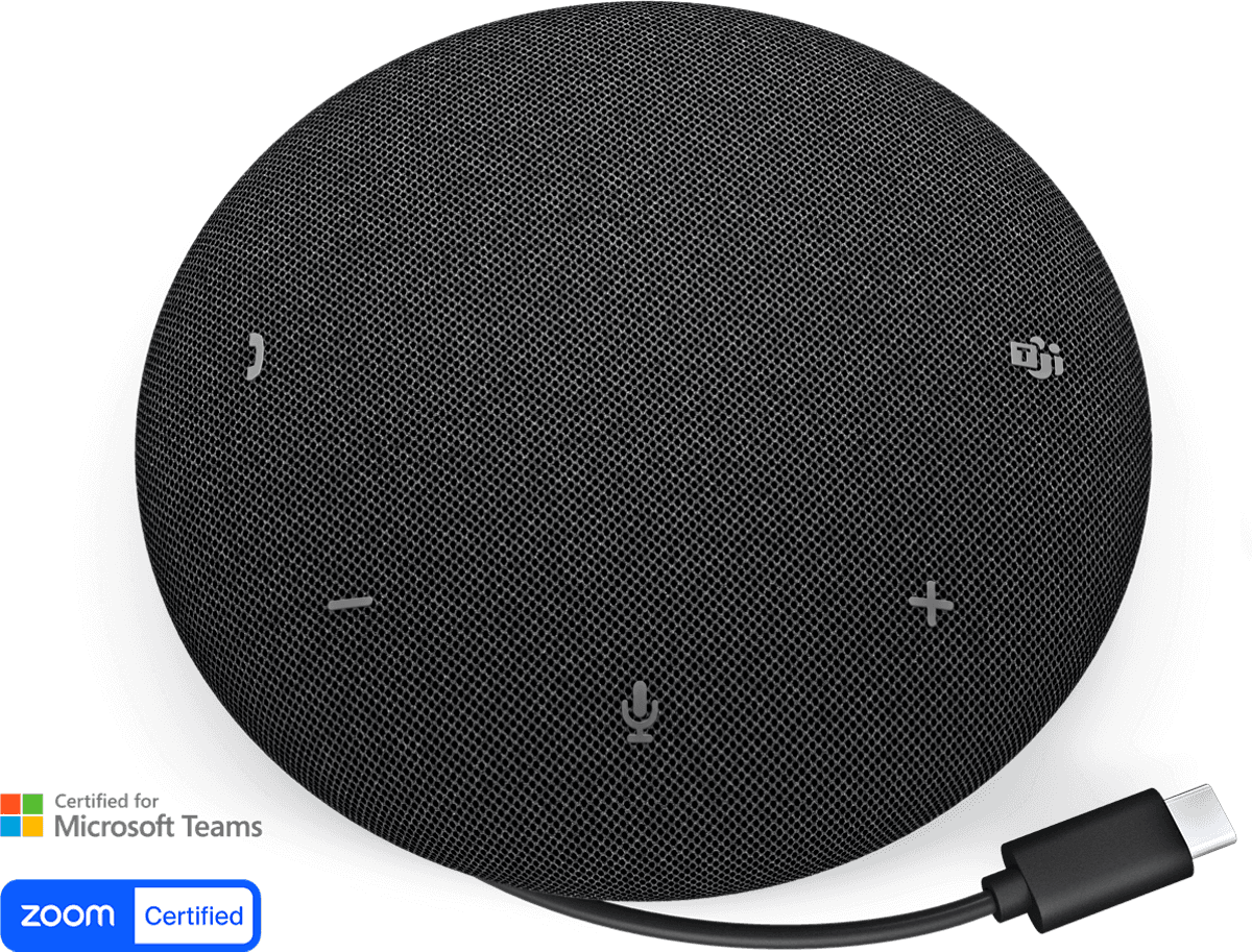 Dell Pro Wired Speakerphone SP325, official Dell product image of the round black speakerphone with its integrated USB-C cable