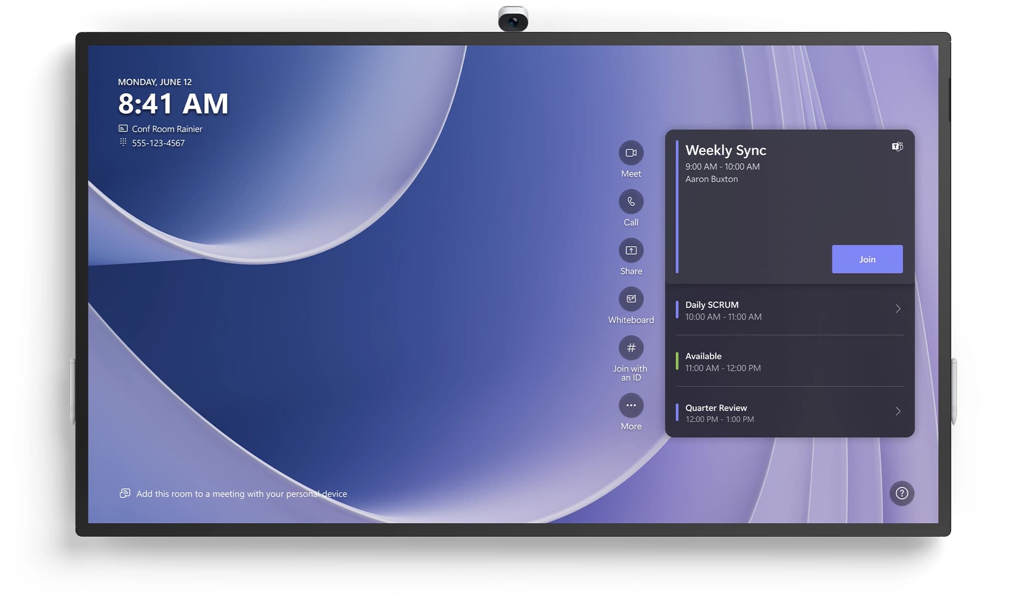 Microsoft Surface Hub 3 85-inch, official Microsoft front-view product image with the Smart Camera fitted on top and the Teams Rooms home screen displayed
