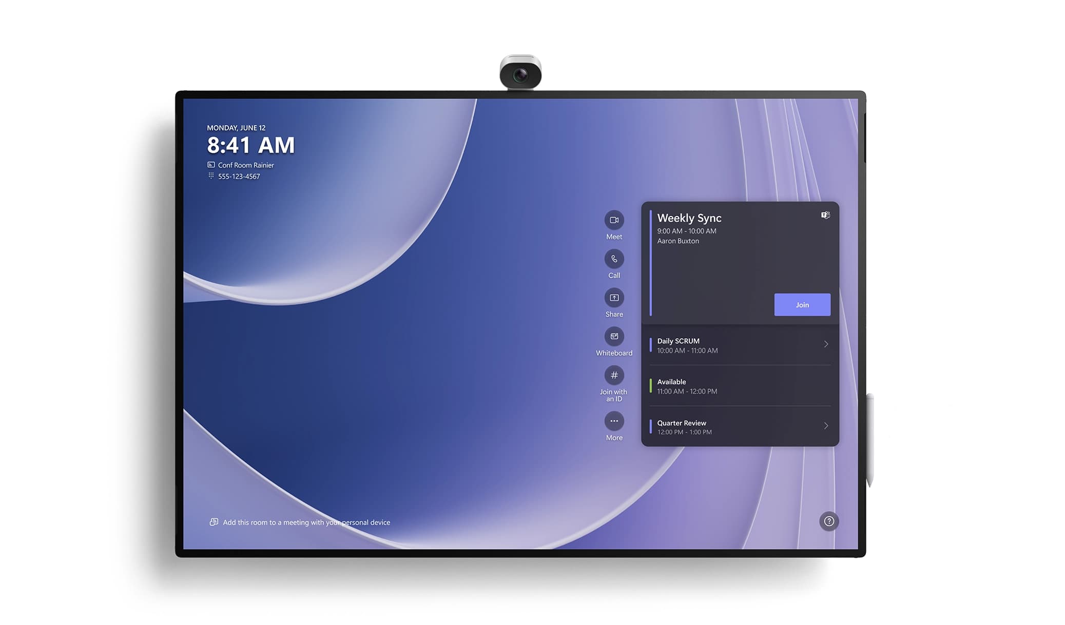 Microsoft Surface Hub 3 50-inch, official Microsoft front-view product image in landscape orientation with the Smart Camera on top and a pen docked on the side