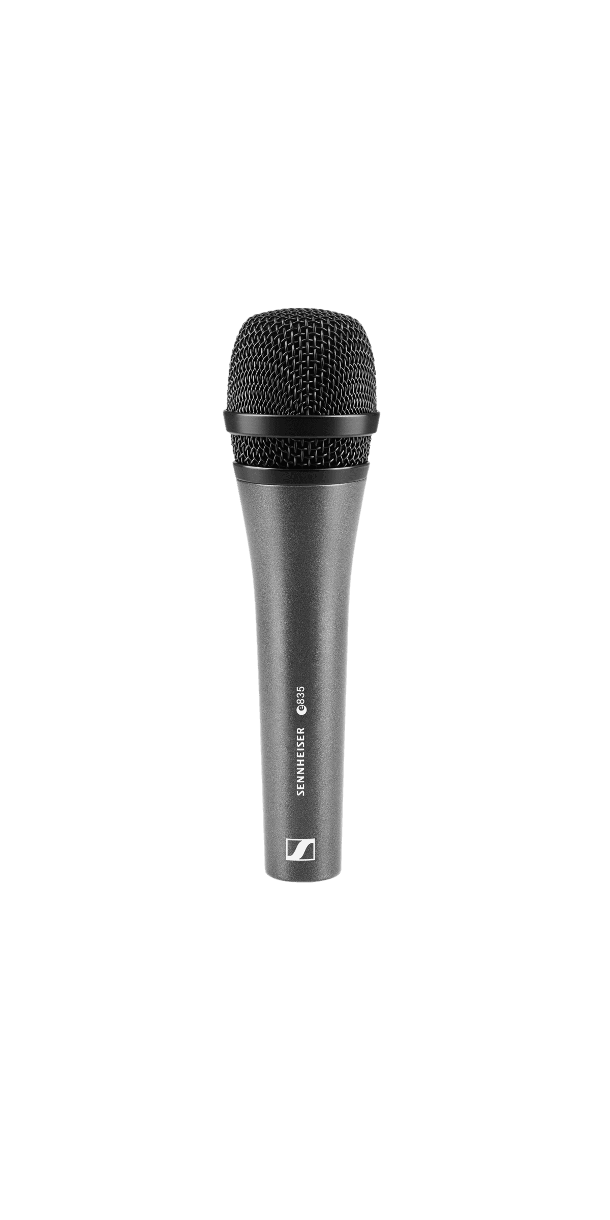 Sennheiser e 835 dynamic vocal microphone, front view. Manufacturer product shot.