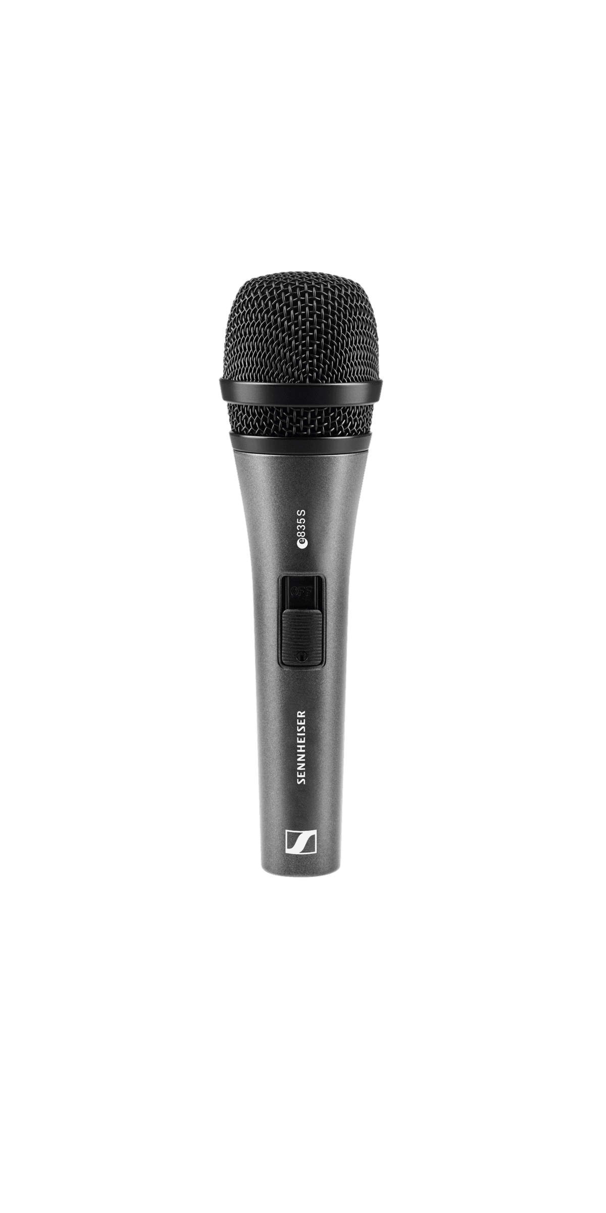 Sennheiser e 835-S dynamic vocal microphone with on/off switch, front view. Manufacturer product shot.