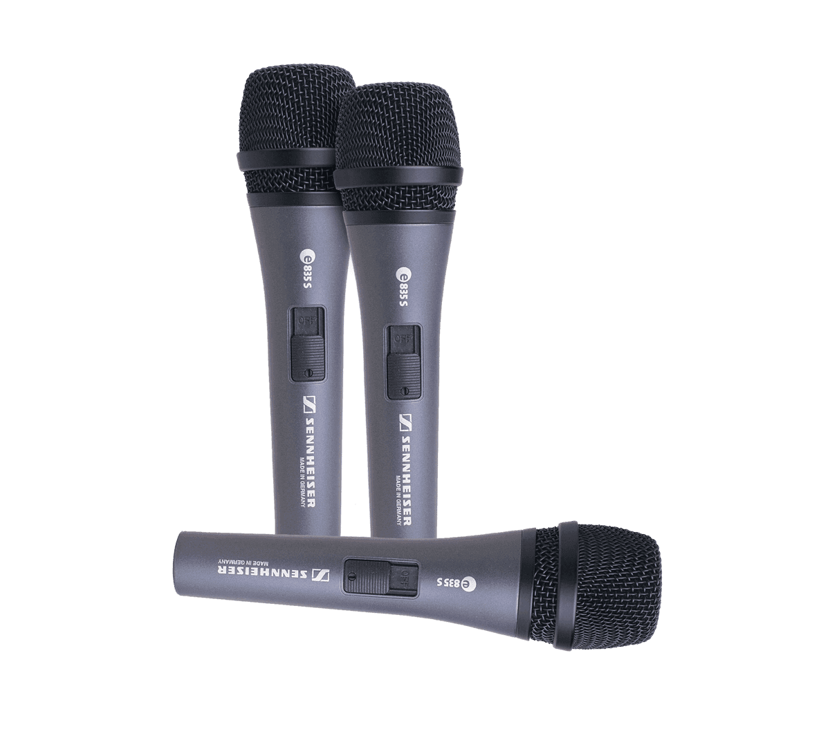 Sennheiser e 835-S dynamic vocal microphone. Manufacturer product shot of a single microphone; this listing is the factory three-pack.
