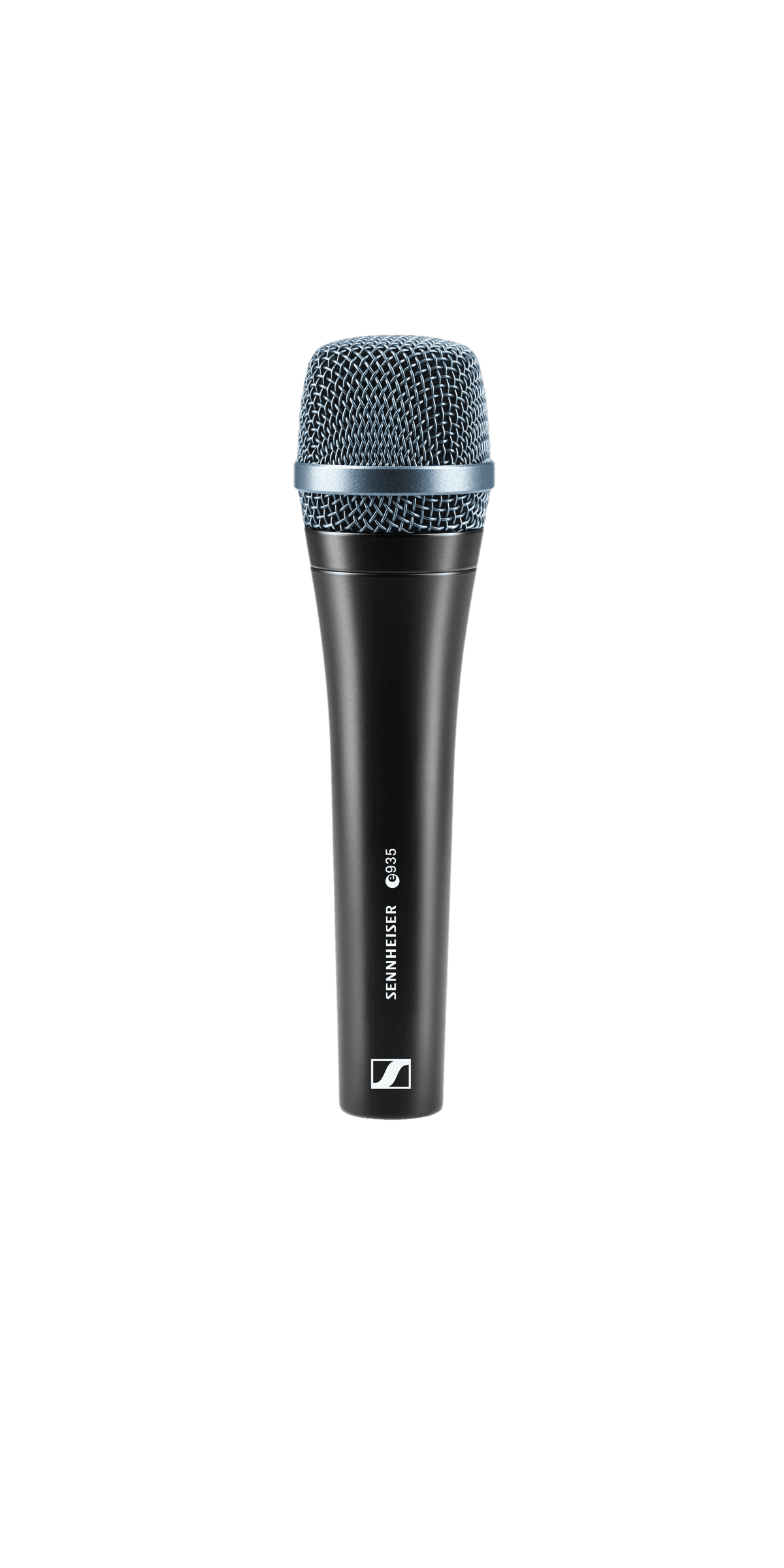 Sennheiser e 935 dynamic vocal microphone, front view. Manufacturer product shot.