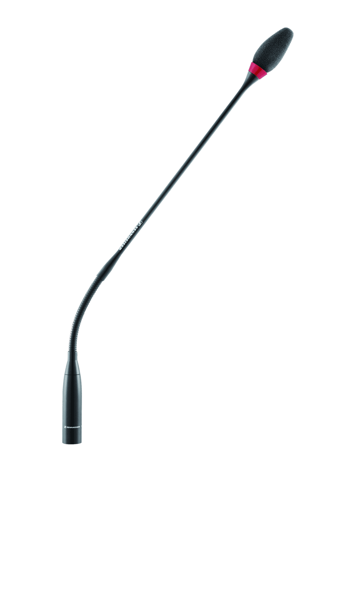 Sennheiser MEG 14-40-L B gooseneck microphone with red light ring, in matte black. Manufacturer product shot.
