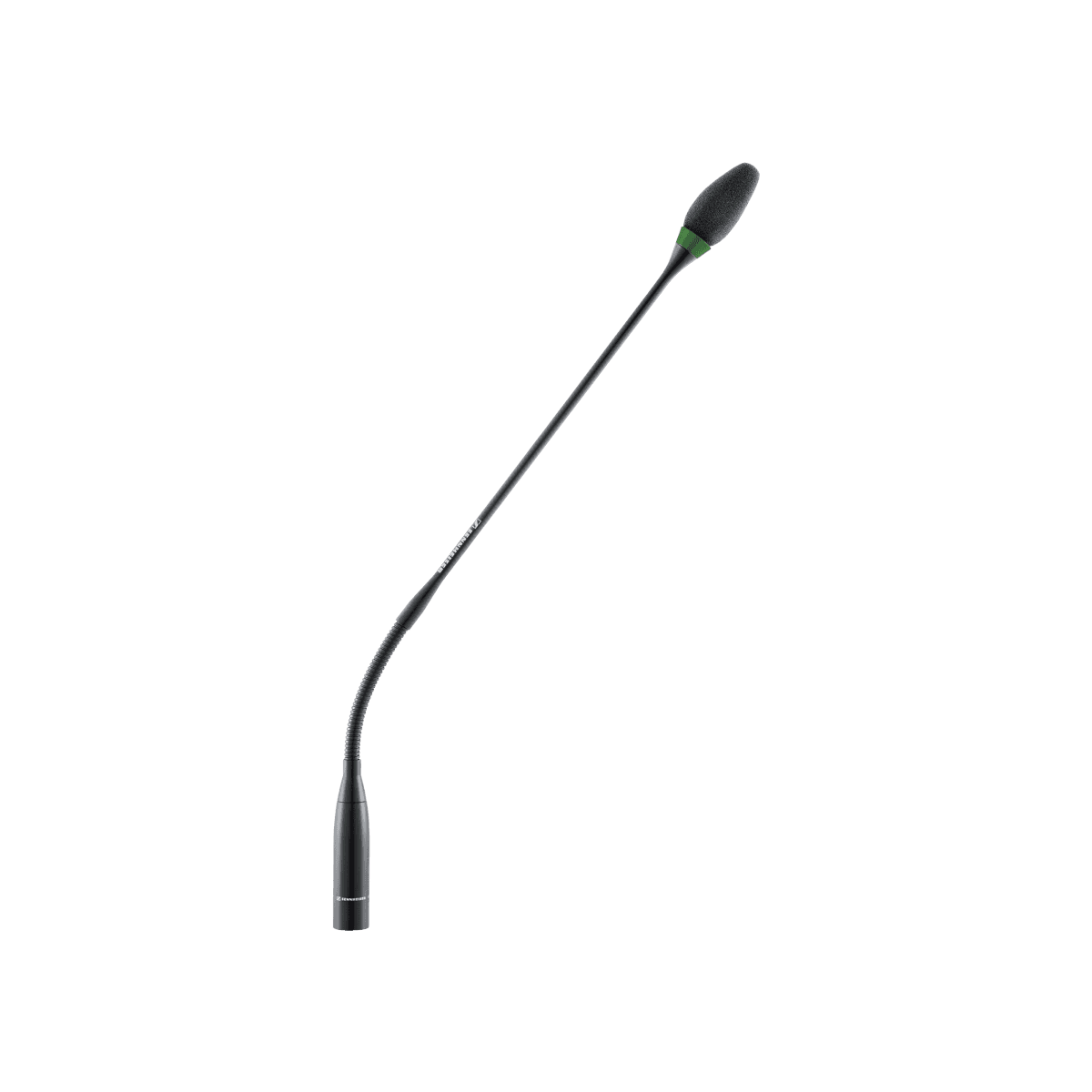 Sennheiser MEG 14-40-L-II B gooseneck microphone with green light ring, in matte black. Manufacturer product shot.