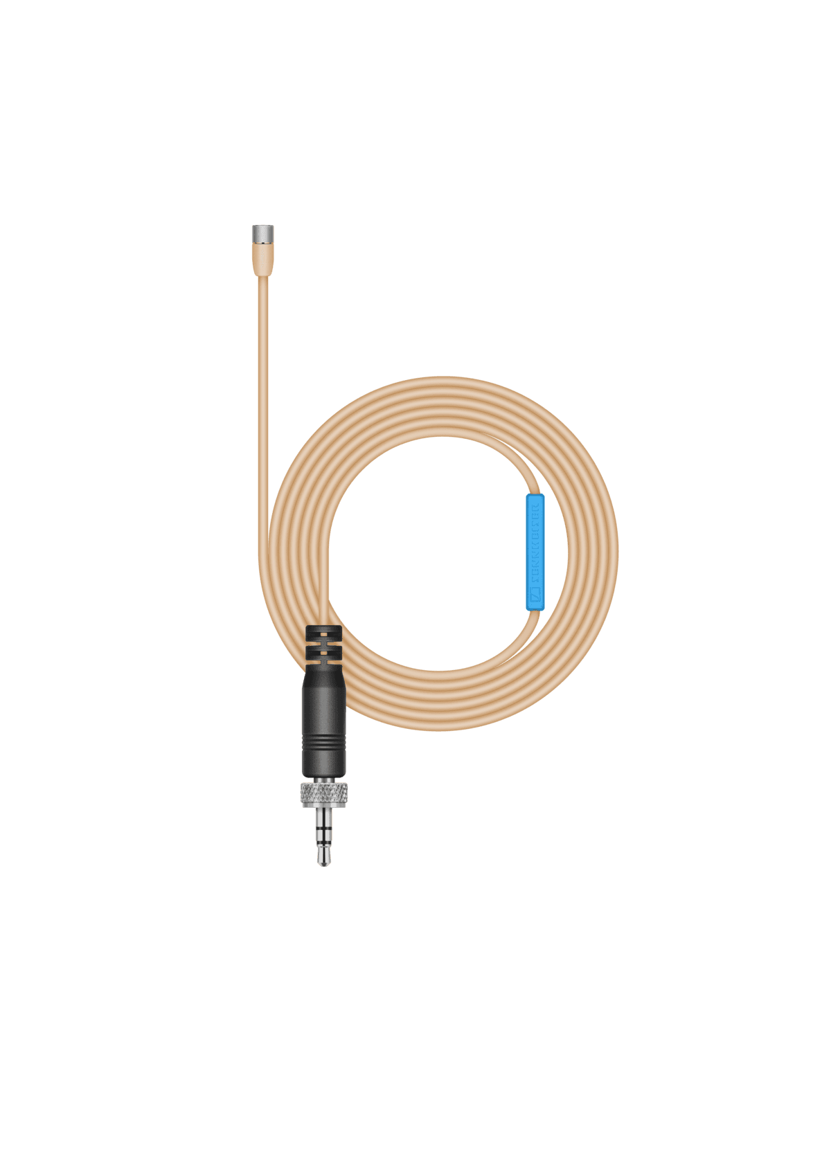 Sennheiser MKE 2 sub-miniature lavalier microphone in beige. Manufacturer product shot.