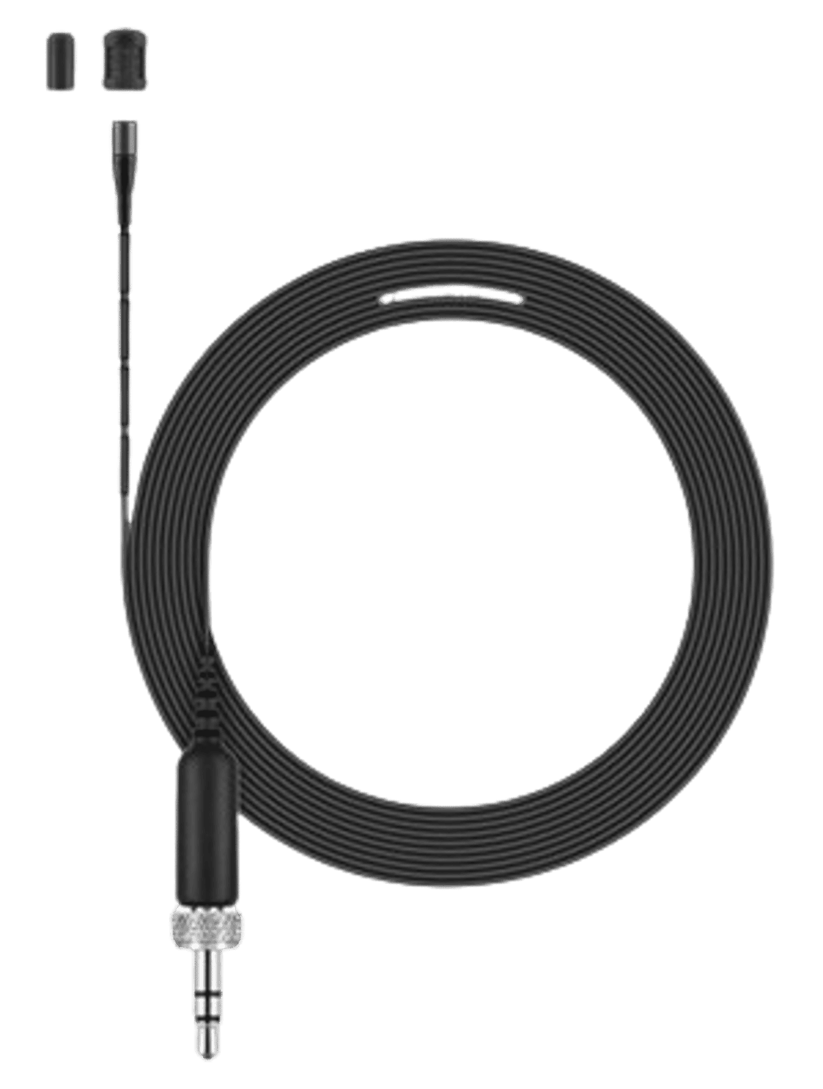 Sennheiser MKE 1 miniature clip-on lavalier microphone in black. Manufacturer product shot.