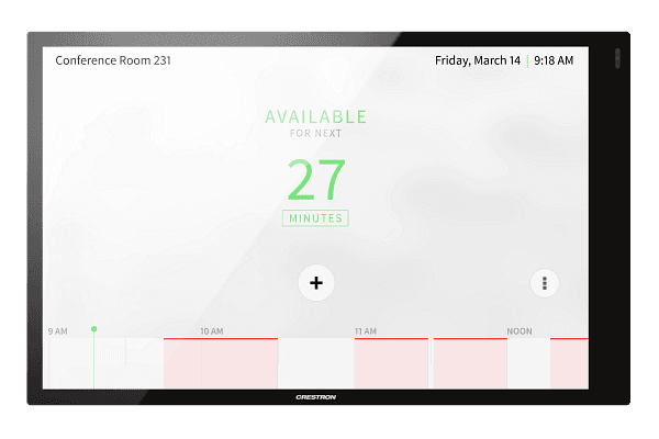 Front view of the Crestron TSW-1070-B-S black wall mount touch screen showing a room-scheduling screen on the display.