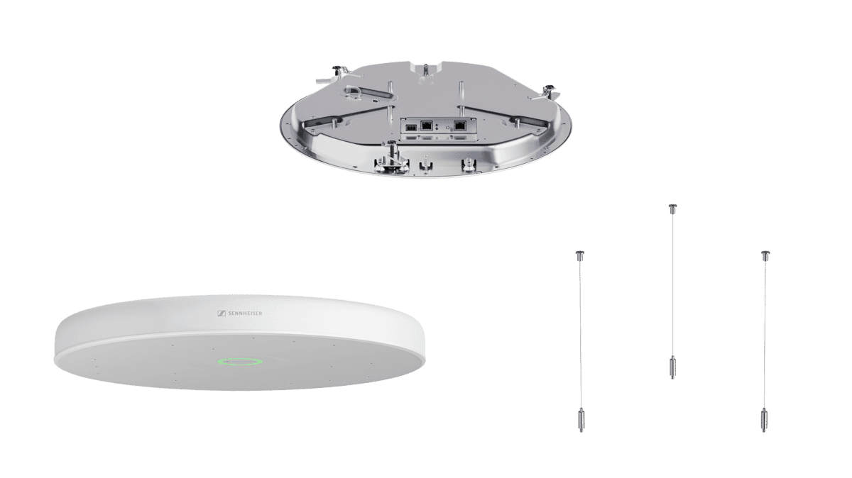 Sennheiser TeamConnect Ceiling Medium housing kit in white. Manufacturer image; this is the suspended/pendant-mount white variant, and the shot shows the TCC M housing rather than an installed pendant array.