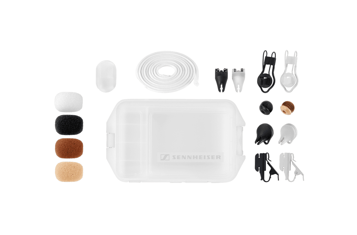 Sennheiser MZ 1 accessory kit for MKE 1 microphones, contents shown separated. Manufacturer product shot.