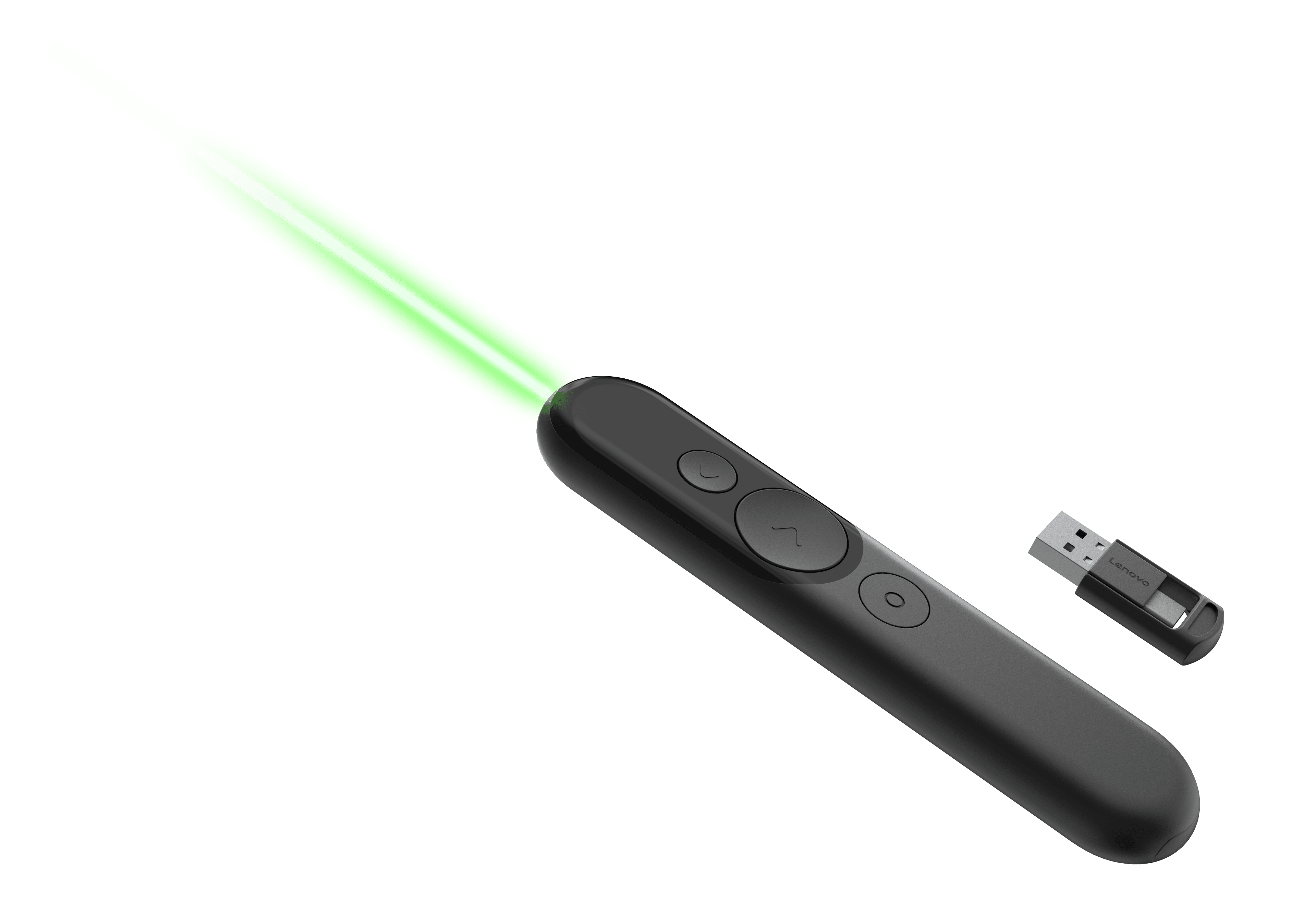 Lenovo Laser Rechargeable Presentation Remote, official Lenovo product image of the black presenter with its USB dongle