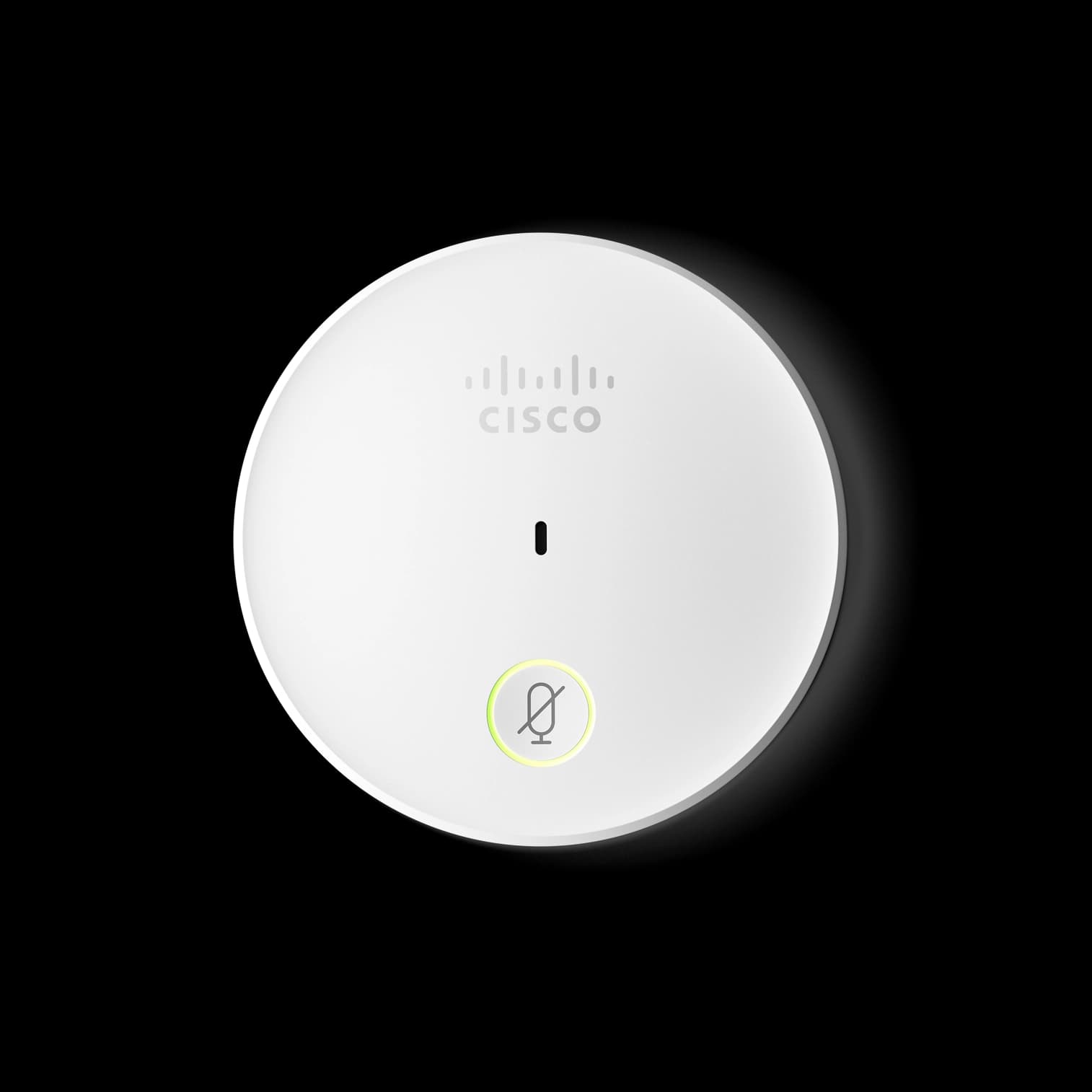 Cisco Table Microphone, top view showing the Cisco logo and the mute button. The CS-MIC-TABLE-J= version carries a 4-pin mini-jack connector on a 7.5 m cable; the microphone body is common to both connector versions.