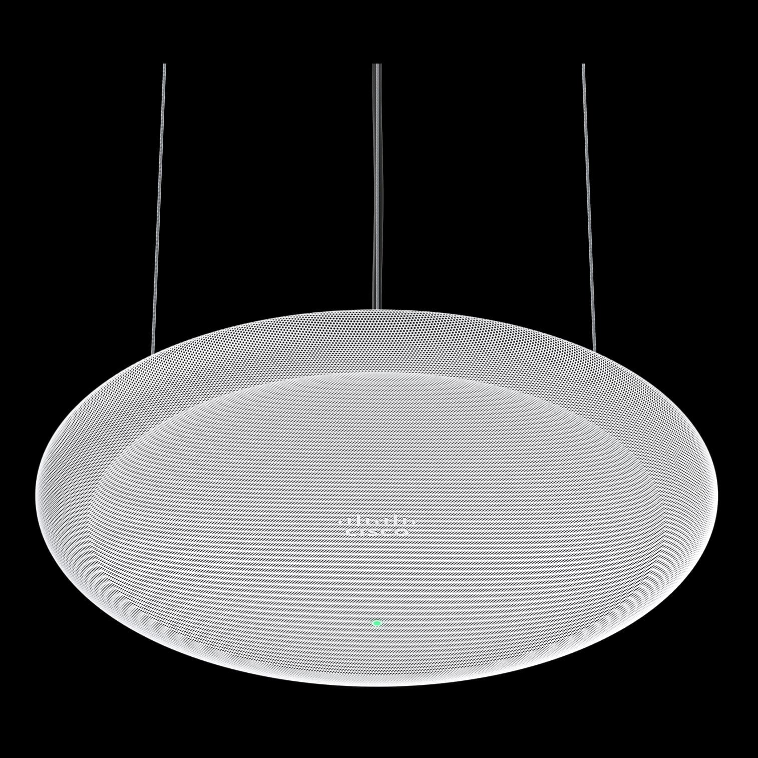 Cisco Ceiling Microphone Pro in Arctic White shown suspended on its cable mount.
