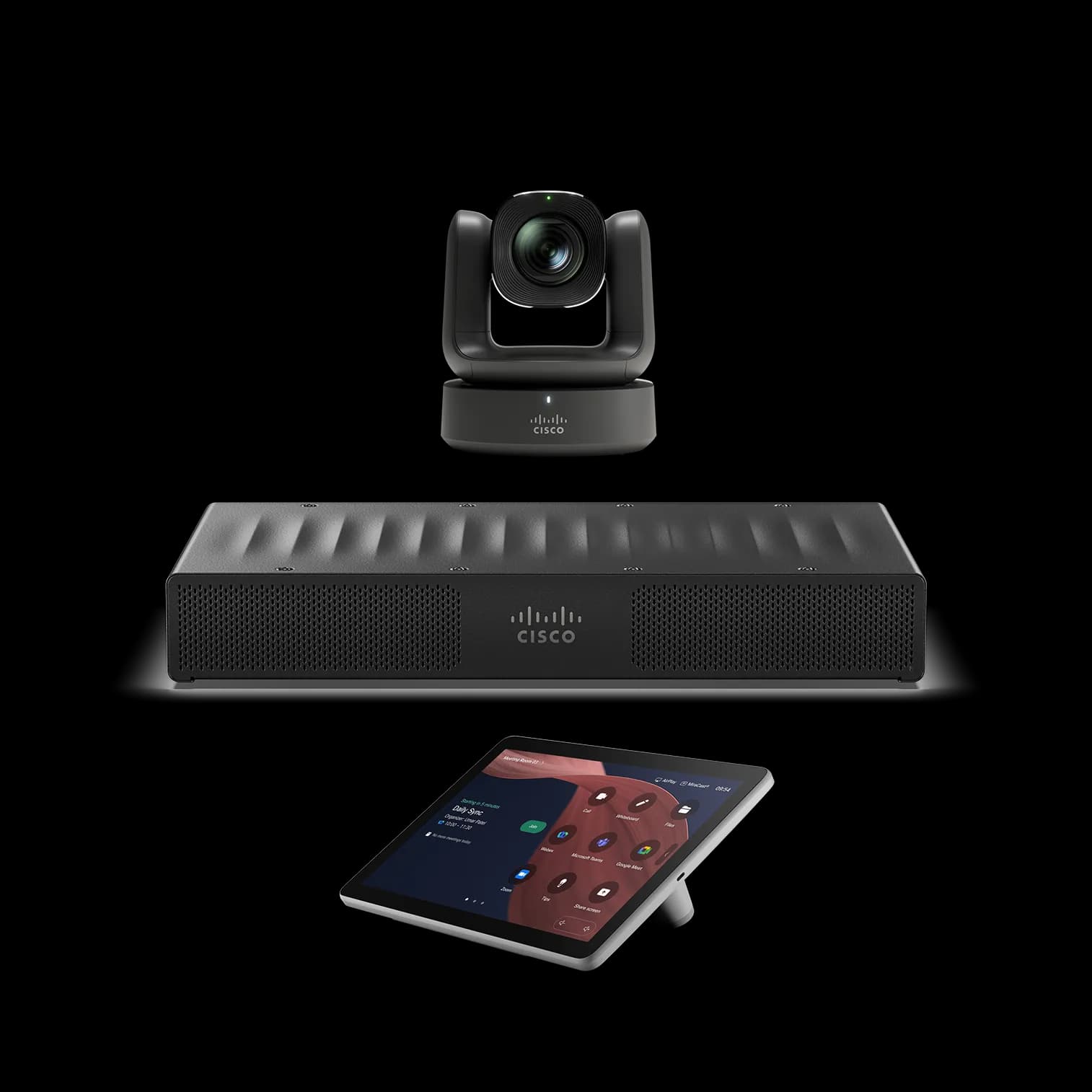 Cisco Room Kit Pro G2 with the Room Vision PTZ camera in Carbon Black, shown with the Codec Pro G2 and Room Navigator.