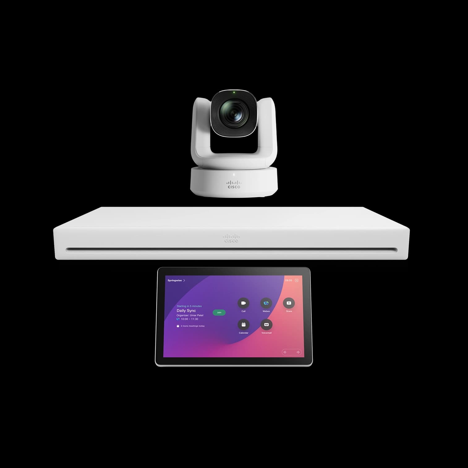 Cisco Room Kit EQ with the Room Vision PTZ camera — camera shown in Arctic White; the camera colour is selected at order time.
