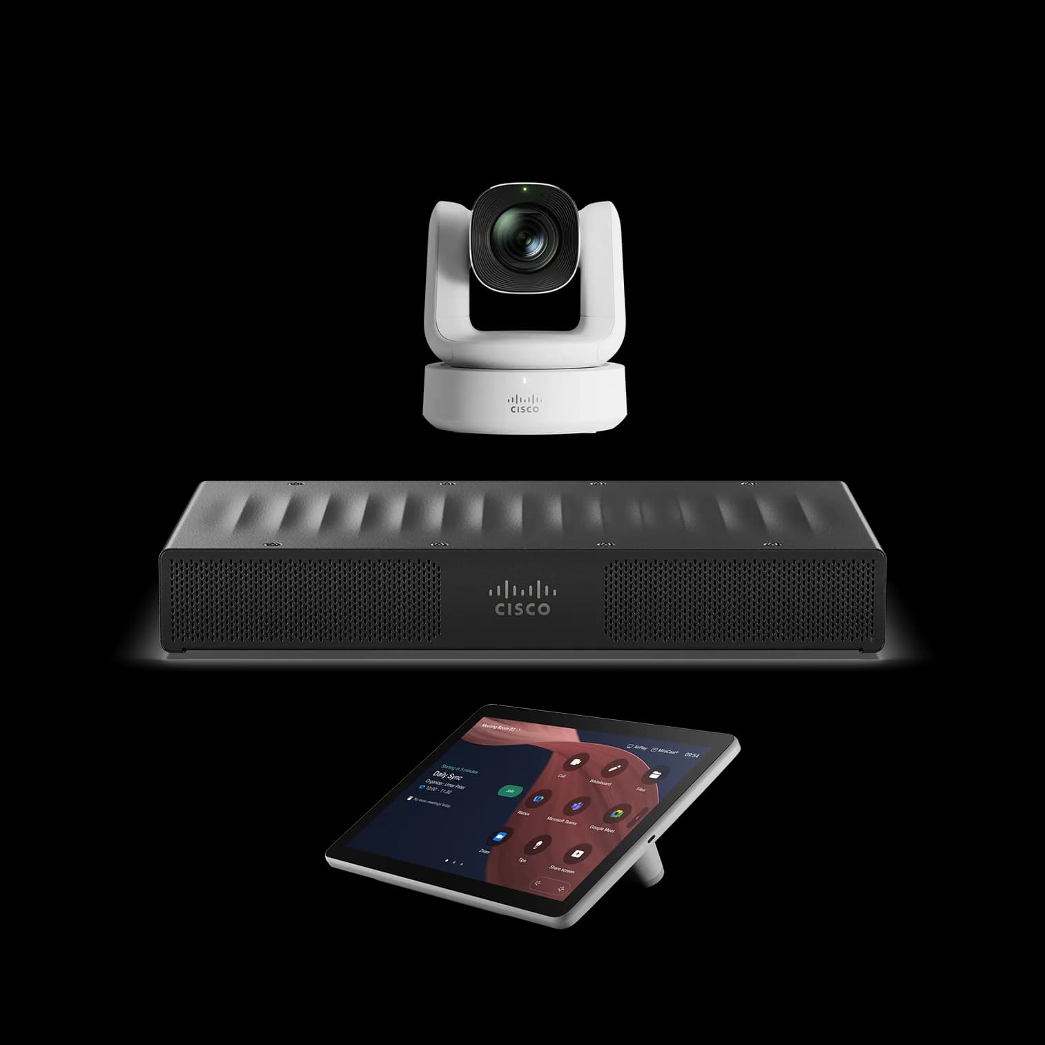 Cisco Room Kit Pro G2 with the Room Vision PTZ camera in Arctic White, shown with the Codec Pro G2 and Room Navigator.