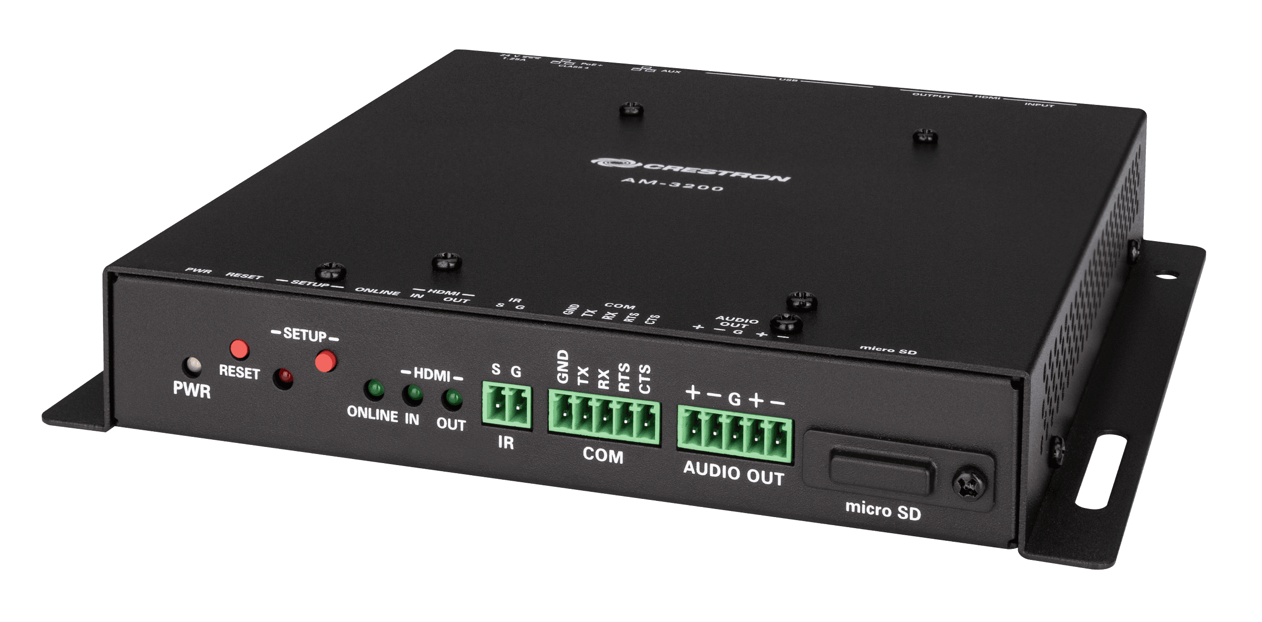 Crestron AM-3200 AirMedia Receiver 3200, front-left three-quarter view of the black metal half-rack chassis with its mounting flanges, showing the front IR, COM, AUDIO OUT terminal blocks and microSD slot. Manufacturer studio photo on white; correct model (chassis is labelled AM-3200).