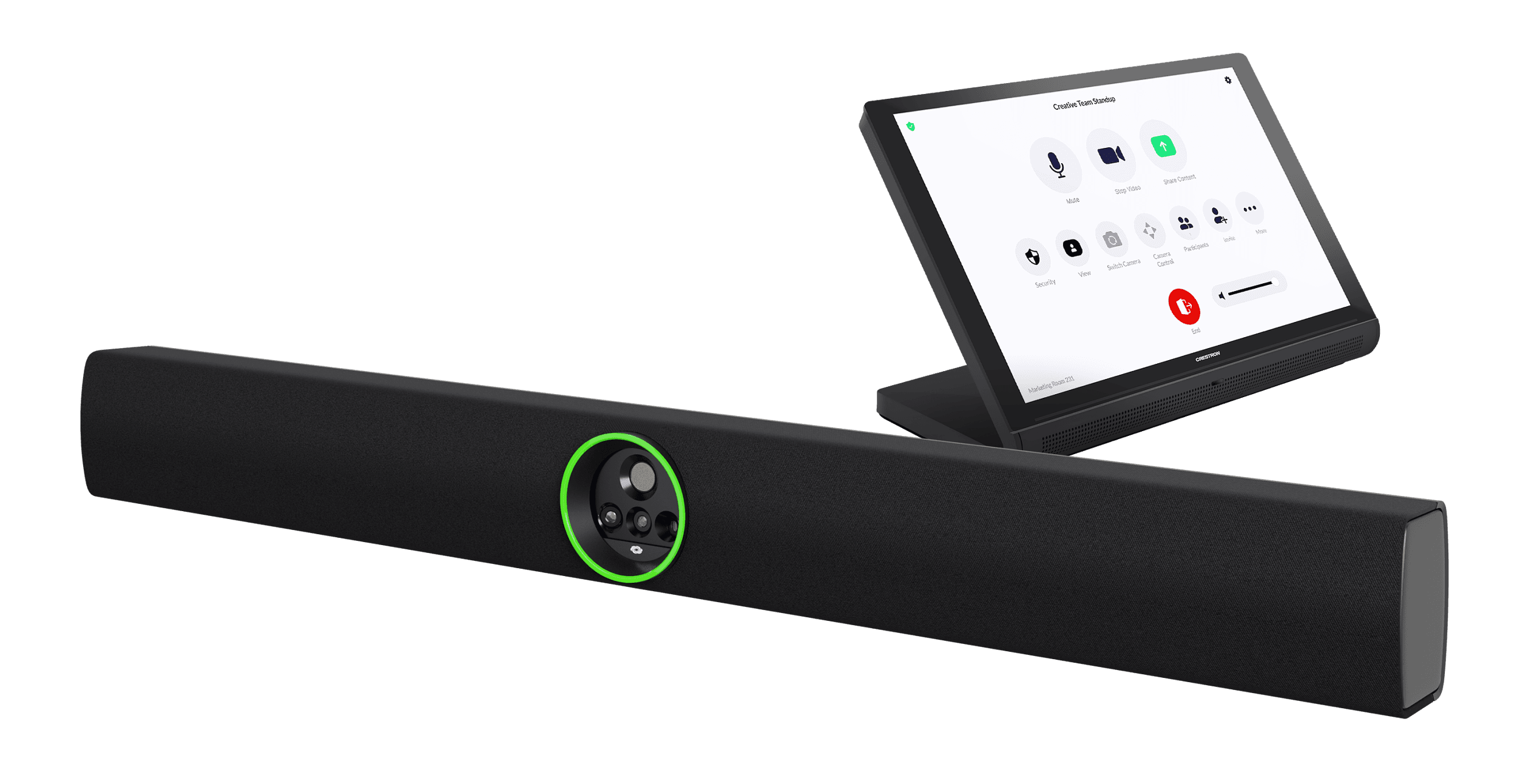 Crestron Flex UC-B70-A-Z-I system shot: the long black Videobar 70 soundbar with its centre camera cluster ringed in green, and behind it a black 10 in. tabletop touch screen on its wedge stand showing the Zoom Rooms controller home screen. Manufacturer studio photo on white; kit shot showing the tw