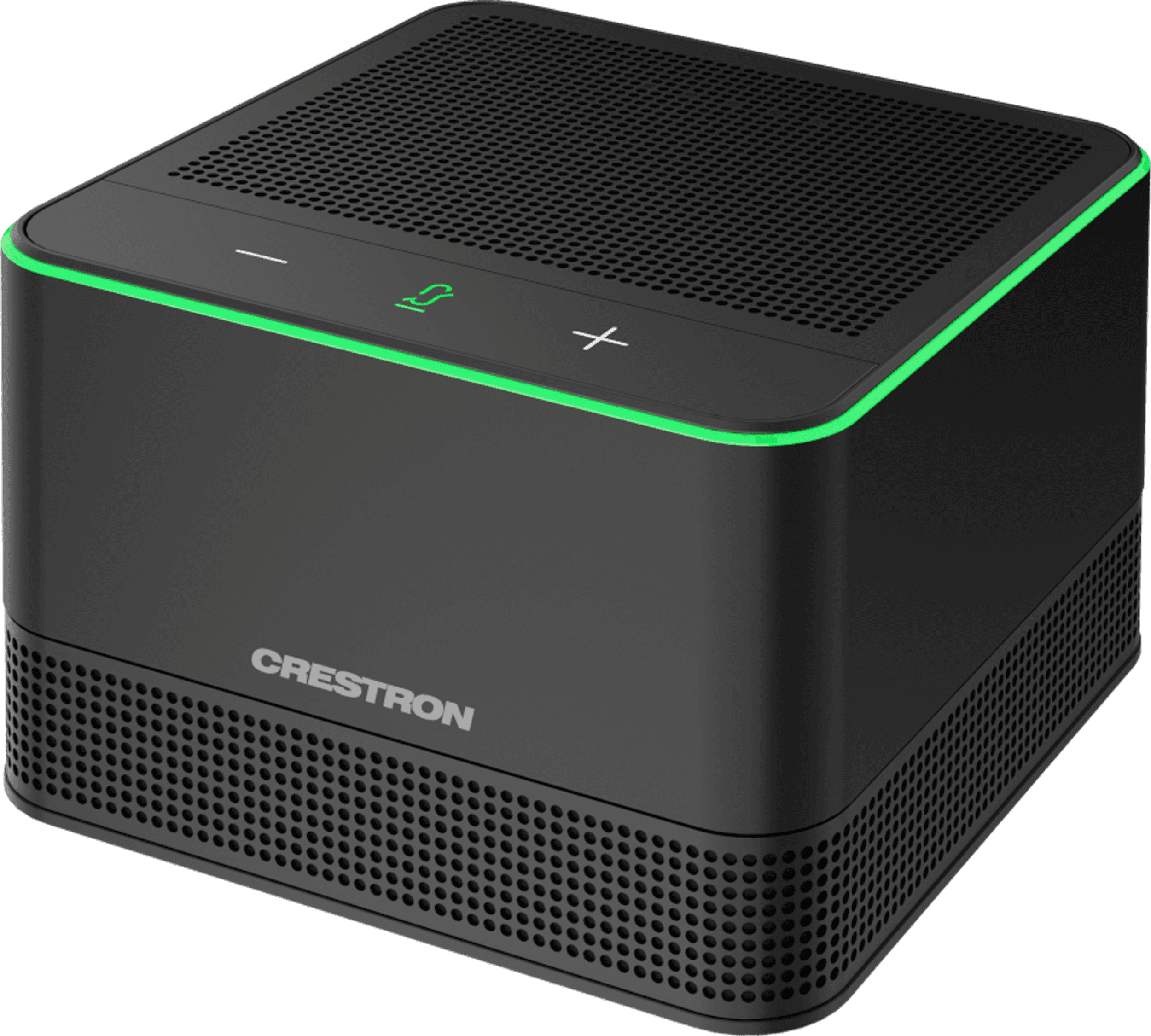 Crestron Flex UC-AUDIO-POD in black, front-left three-quarter view of the square tabletop pod with a perforated speaker grille top, illuminated green status ring and capacitive volume and mute controls, and a perforated black lower housing. Manufacturer studio photo on white; the file is named for t