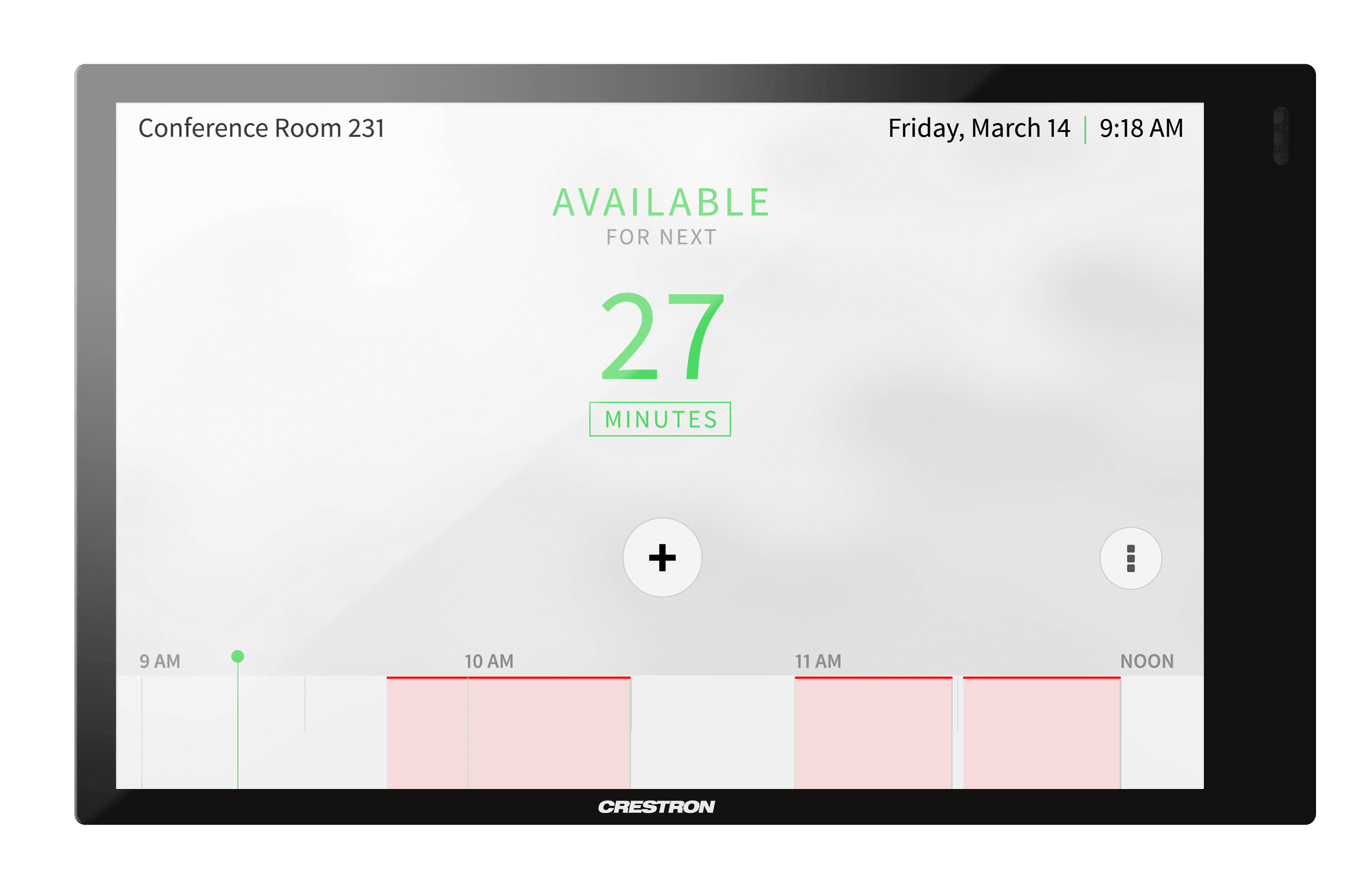 Crestron TSW-770-GV-B-S 7 in. wall mount touch screen in black smooth finish, straight-on front view, screen showing the room scheduling app with an AVAILABLE status and a booking timeline. Manufacturer studio photo on white; correct model and colour.
