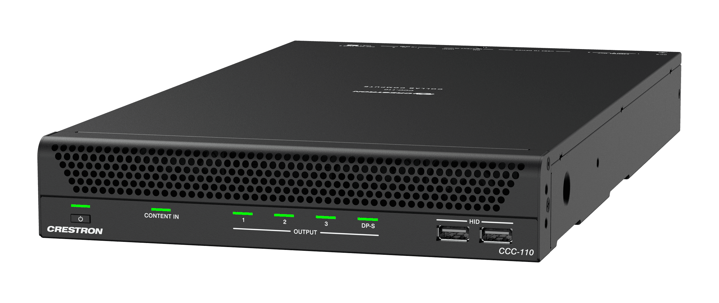 Crestron Collab Compute front-left three-quarter view: a slim black half-rack metal chassis with a vented front, power button, CONTENT IN and OUTPUT status LEDs and two front USB Type-A ports. The chassis is silkscreened CCC-110, the model name shared across the Teams and Zoom variants, so this is t