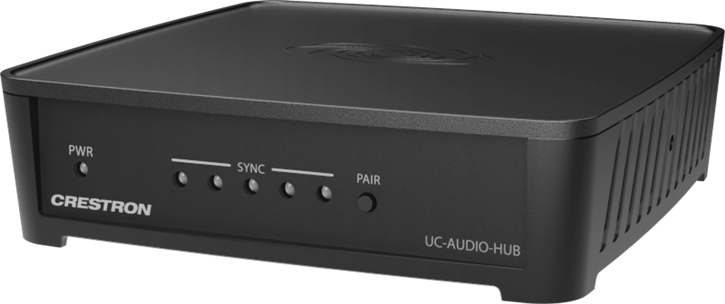 Crestron Flex UC-AUDIO-HUB, front-left three-quarter view of the small black plastic box with a PWR indicator, five SYNC pairing LEDs, a PAIR button and the UC-AUDIO-HUB label on the front face. Manufacturer studio photo on white; the file is named for the UC-AUDIO-HUB family rather than the DR2 reg
