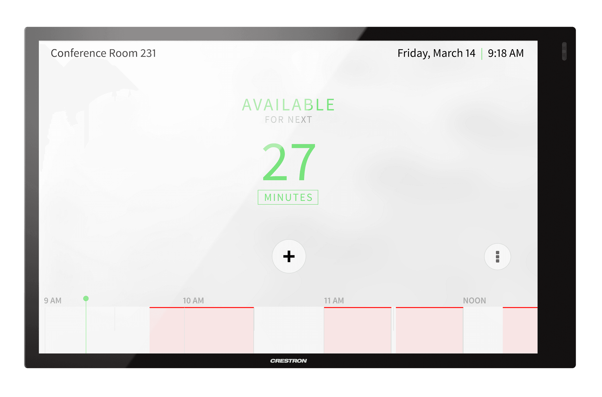 Crestron TSW-1070-GV-B-S 10.1 in. wall mount touch screen in black smooth finish, straight-on front view, screen showing the room scheduling app with an AVAILABLE status and a booking timeline. Manufacturer studio photo on white; correct model and colour.