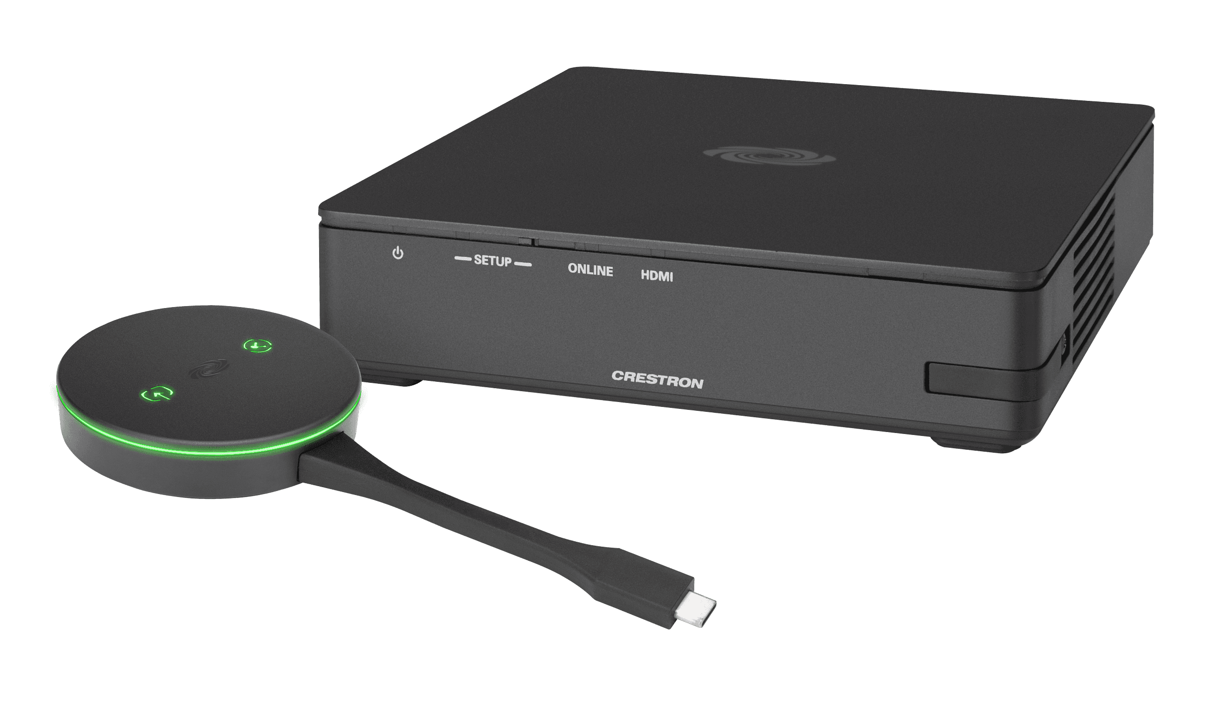 Crestron AM3-111 kit shot: the black AM-3100-WF receiver chassis behind a round black AM-TX3-100 AirMedia Connect Adaptor with a green status ring and captive USB-C cable. This is Crestron's shot for the AM3-111 kit family; the file is named for AM3-111 rather than the international AM3-111-I varian