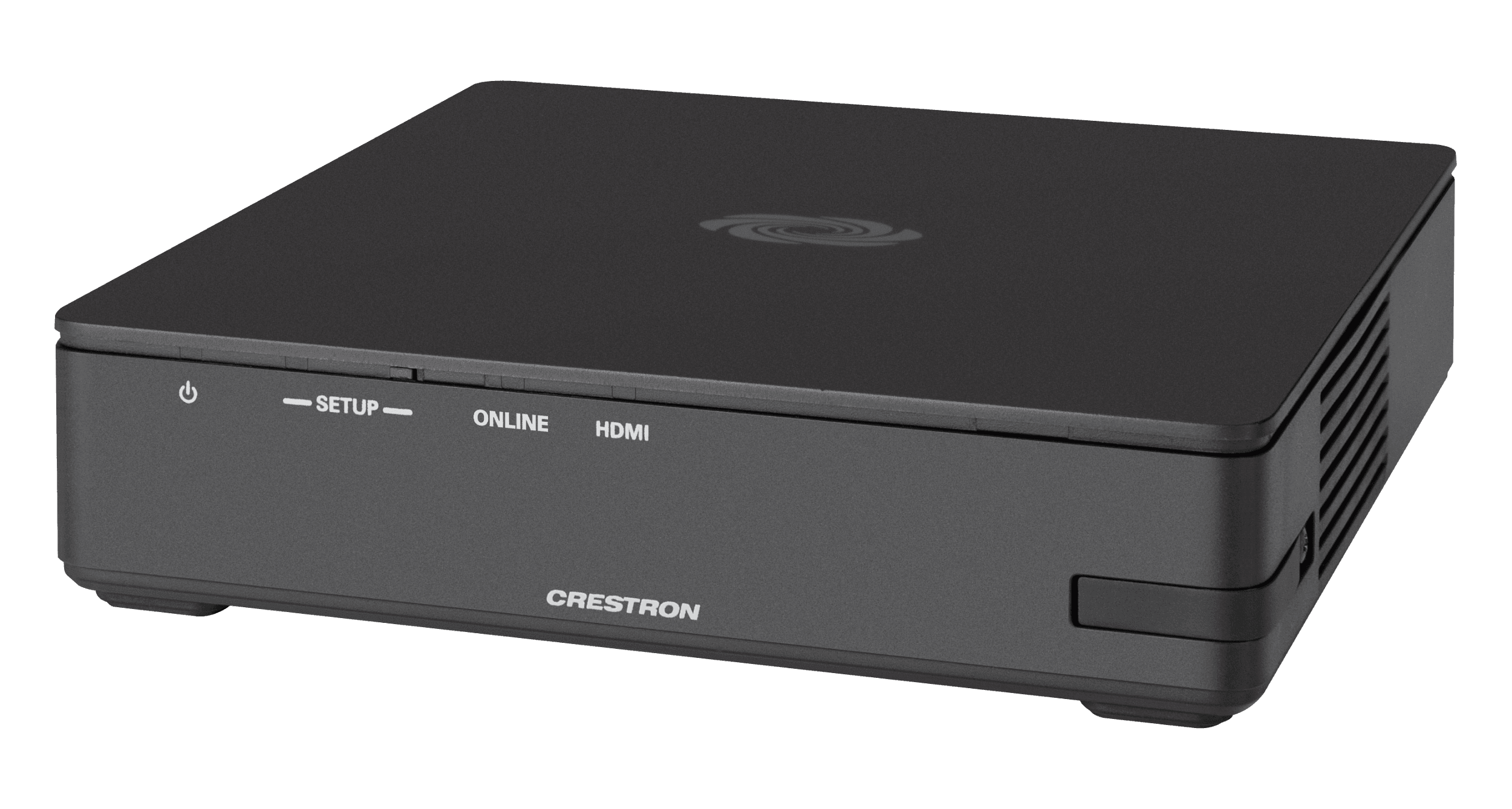 Crestron AM-3000-WF-I AirMedia Receiver 3000, front-left three-quarter view of the small black plastic set-top style chassis with power, SETUP, ONLINE and HDMI indicators along the front edge and vented right side. Manufacturer studio photo on white; correct model.