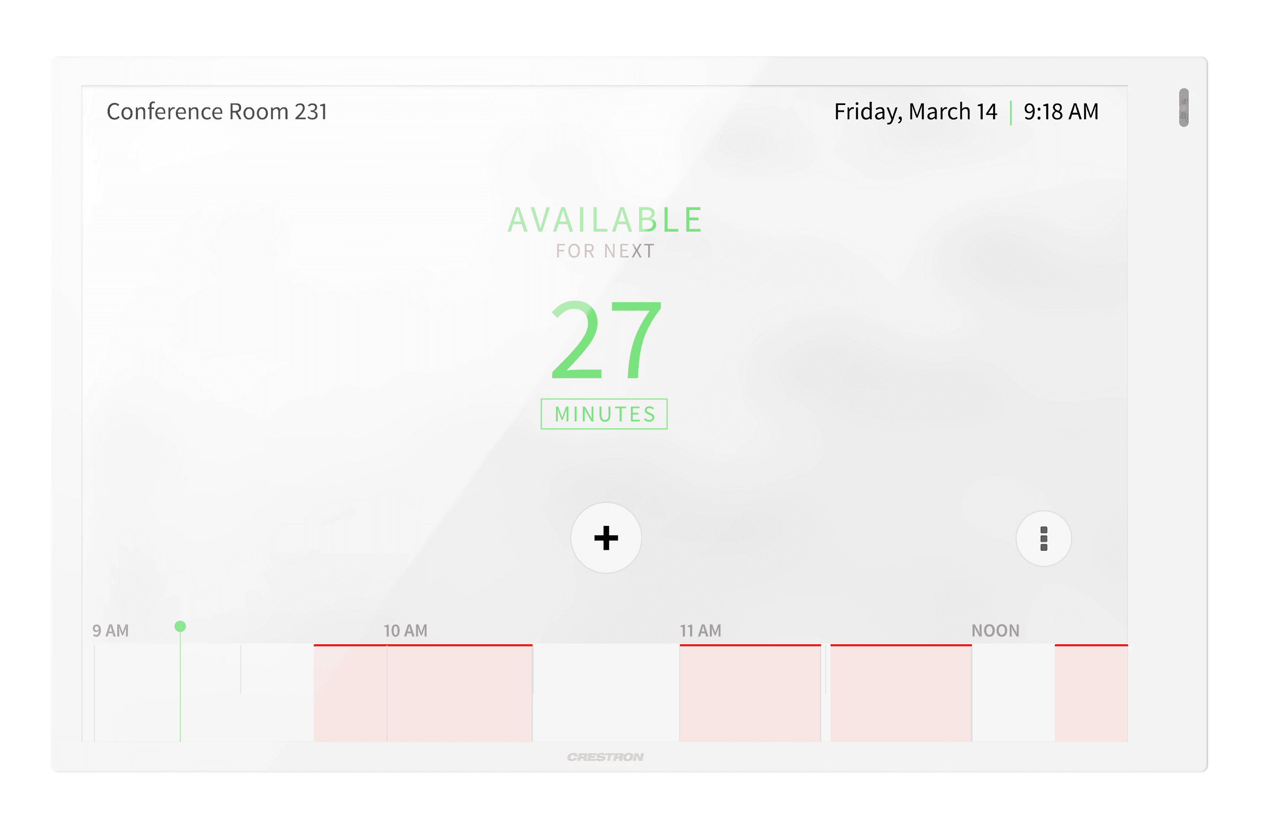 Crestron TSW-1070-GV-W-S 10.1 in. wall mount touch screen in white smooth finish, straight-on front view, screen showing the room scheduling app with an AVAILABLE status and a booking timeline. Note: Crestron serves this same photograph, byte for byte, for the standard TSW-1070-W-S, so it is a share