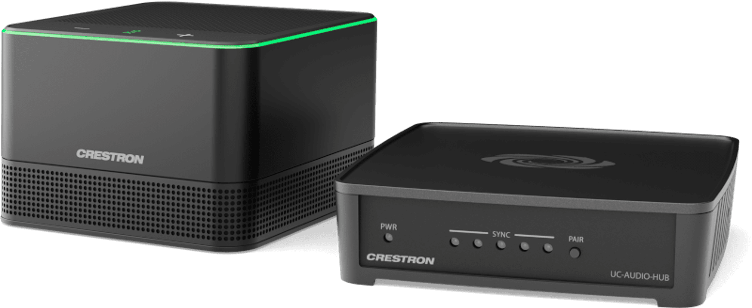 Crestron Flex UC-AUDIO-1-B kit shot: the black tabletop audio pod with an illuminated green ring and capacitive controls on the left, and the black UC-AUDIO-HUB with PWR, SYNC and PAIR markings on the right. Manufacturer studio photo on white; the file is named for the UC-AUDIO-1-B kit rather than t