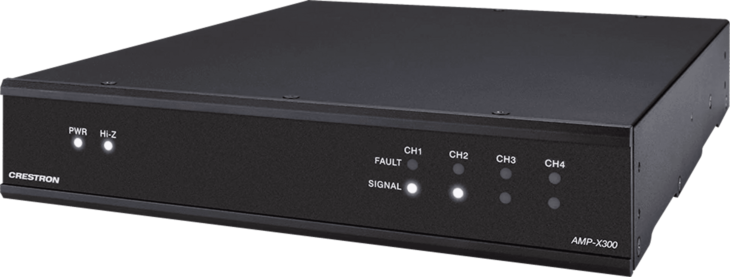Crestron AMP-X300 amplifier, front-left three-quarter view of the half-width black metal 1U chassis with PWR and Hi-Z indicators on the left, four channel SIGNAL and FAULT LEDs on the right and the AMP-X300 label. Manufacturer studio photo on white; correct model.