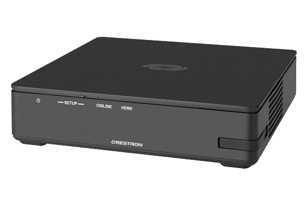 Front-left view of the black Crestron AM-3100-WF-I AirMedia receiver showing the power, setup, online and HDMI indicators.