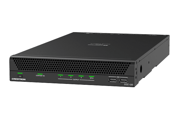Front-left view of the black Crestron CCC-120 compute chassis showing the front USB ports and status LEDs.