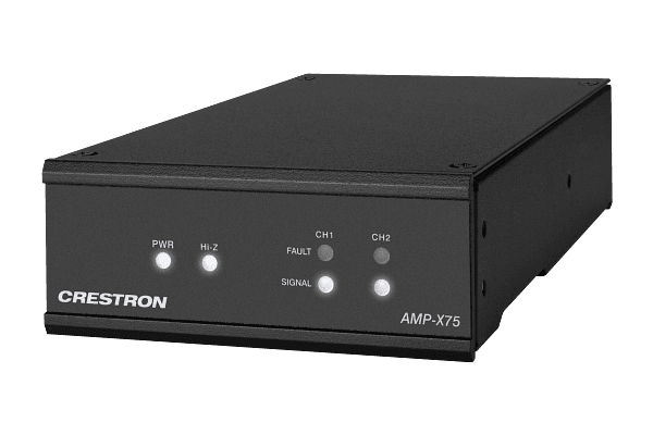 Front-left view of the black Crestron AMP-X75 amplifier showing the PWR, Hi-Z, fault and signal indicators.