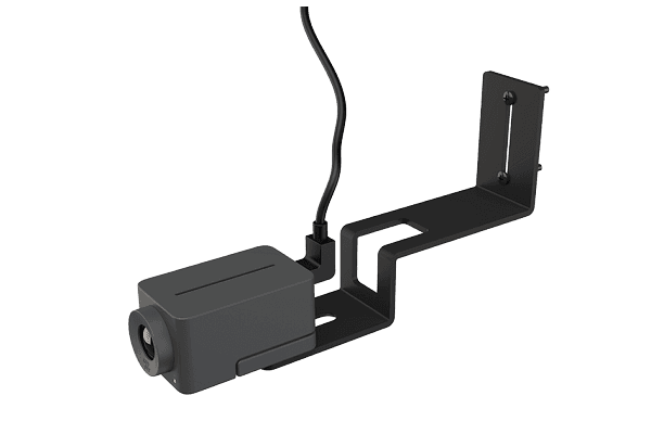 Render of the black Crestron UC-CAM-WMK wall bracket with a collaboration camera fitted; the camera shown is not included with the kit.