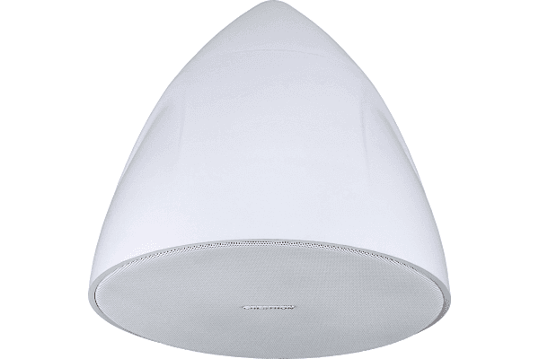 Single white Crestron Saros PD6T pendant speaker photographed from below-front with the grille fitted.