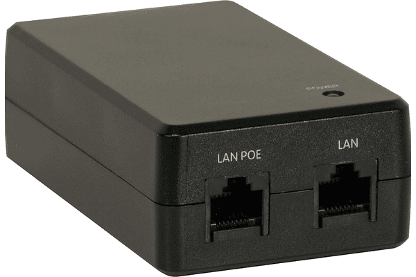 Angled view of the black Crestron PWE-4803RU desktop PoE injector showing the LAN and LAN POE RJ-45 ports and the power LED.