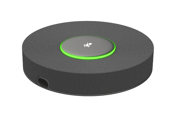 Angled view of the dark grey fabric-covered Crestron UCA-B70-MIC microphone pod with its centre mute button lit green.