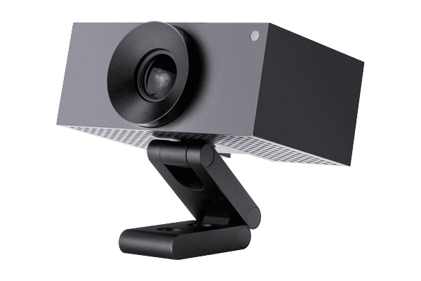 Angled view of the Crestron UC-CAM-L1 camera on its folding black wall and shelf bracket.
