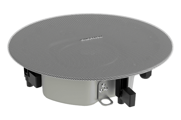 Angled view of a single Crestron Saros IC6ULPT in-ceiling speaker with the white grille fitted, showing the very shallow back can.