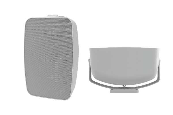 Two views of the white Crestron Saros SMT6T-AW surface mount speaker - front grille and side profile on its mounting yoke.
