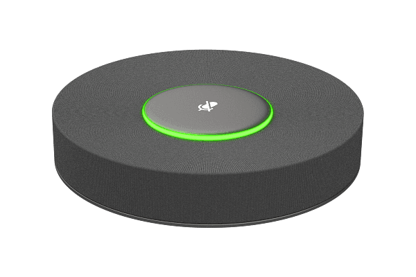 Angled view of the dark grey fabric-covered Crestron UCA-B70-MIC-AUX microphone pod with its centre mute button lit green; visually near-identical to the primary UCA-B70-MIC pod.
