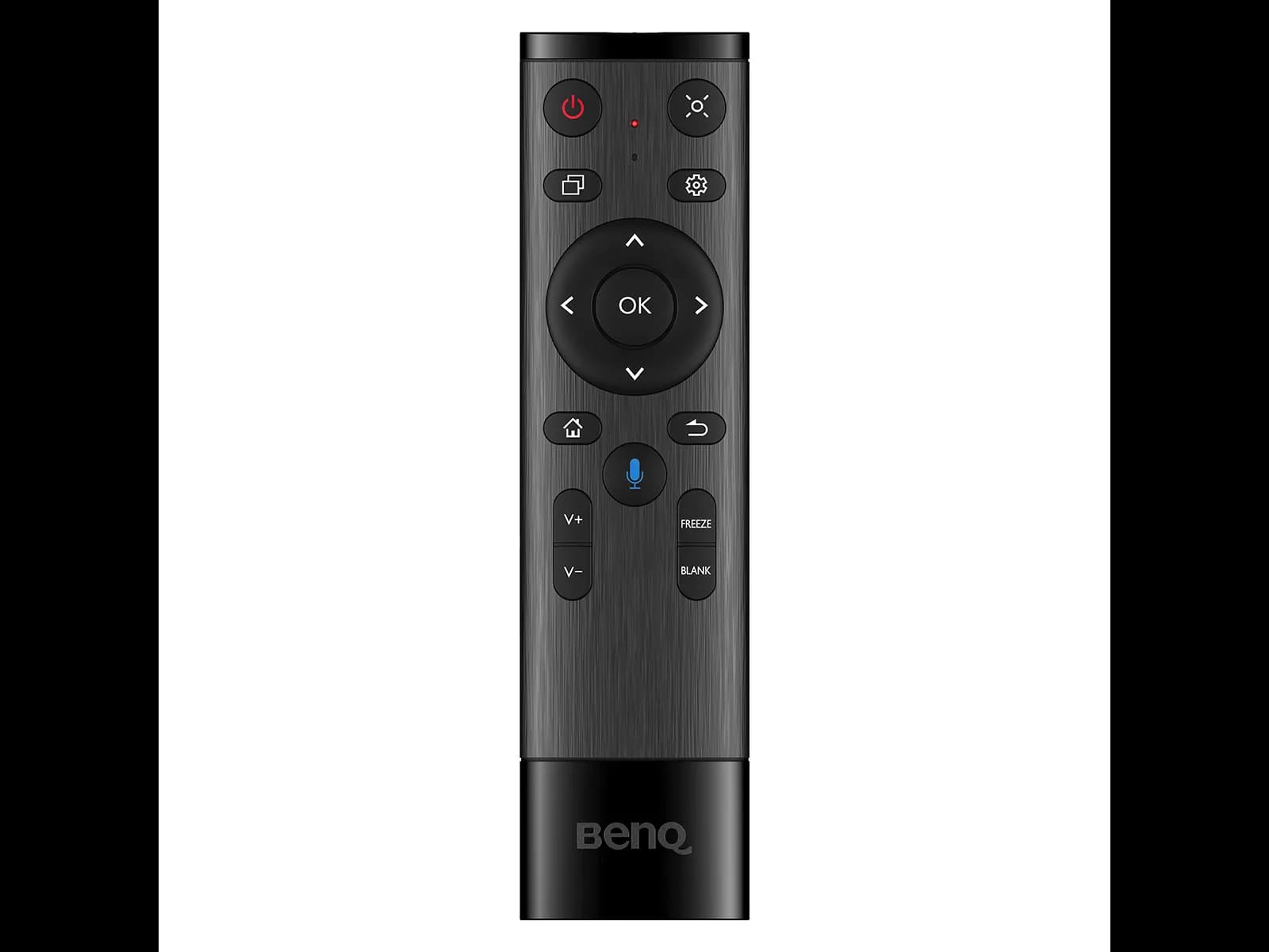 BenQ TRY01 interactive display remote control, front view showing the power, source, navigation, microphone, volume, freeze and blank keys
