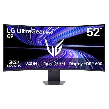LG UltraGear evo 52G930B-B 52-inch curved 5K2K monitor on its stand, front view